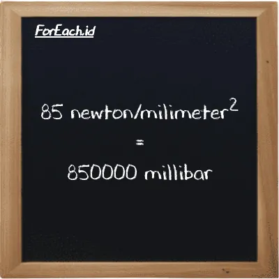 How to convert newton/milimeter<sup>2</sup> to millibar: 85 newton/milimeter<sup>2</sup> (N/mm<sup>2</sup>) is equivalent to 85 times 10000 millibar (mbar)
